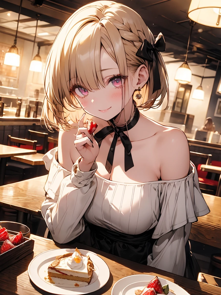 masterpiece, Absurd, Highest quality, Super detailed, High resolution, Detailed illustrations, Very beautifully detailed face and eyes, Bright colors, One girl, (change), Cute Face, Delicate and beautiful face, Magenta Eyes, Cute eyes, Sparkling eyes, Big eyes, Medium chest, (Firm breasts:1.1), (Pointed Chest:1.1), Medium Hips, Glamorous Body, White skin, smile, break, Long Bob Cut, (Blonde:0.8), Messy Hair, Detailed Hair, Shiny Hair, break off shoulder sweater, Long skirt, Small ribbon, restaurant, Eat shortcake, Real World, Natural light, Perfect lighting,