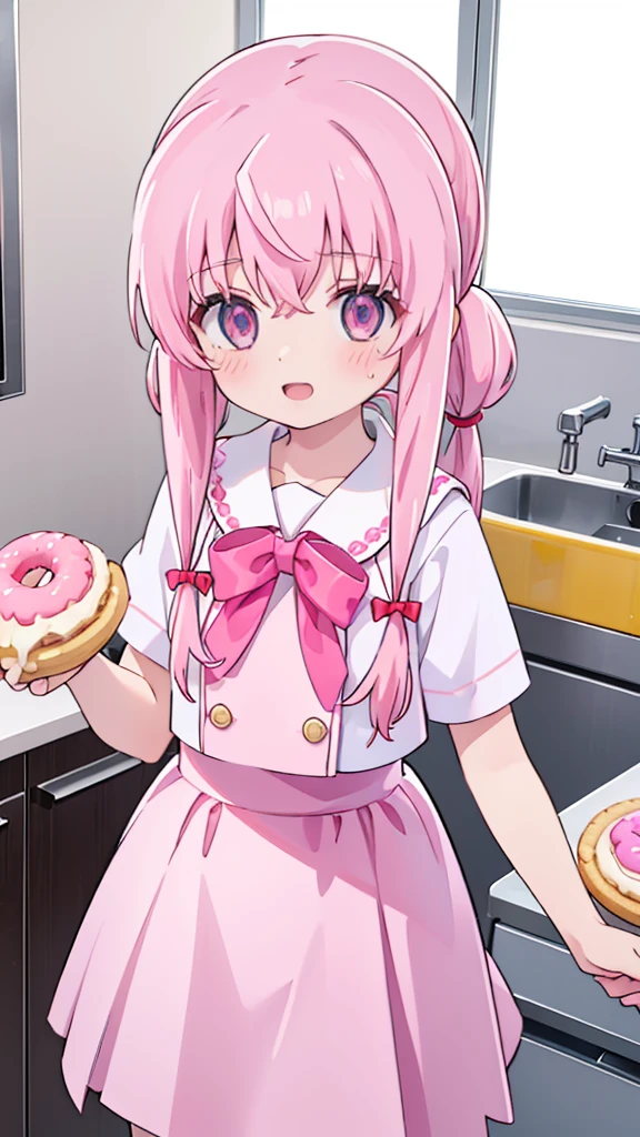 1girl,pink hair, pink eyes with love, detailed eyes, straight hair, straight bangs, shiny hair,
,red bowtie,purple skirt,purple shirt,pleated skirt,short sleeves,looking at the plate with donut she is holding, holding a plate wih donut, smile, laughter , open mouth, kitchen background, high-definition,masterpiece, masterpiece, best quality, high resolution, aabeta, double, standing, slim waist, cute, sailor uniform (PastelColors: 1.3)