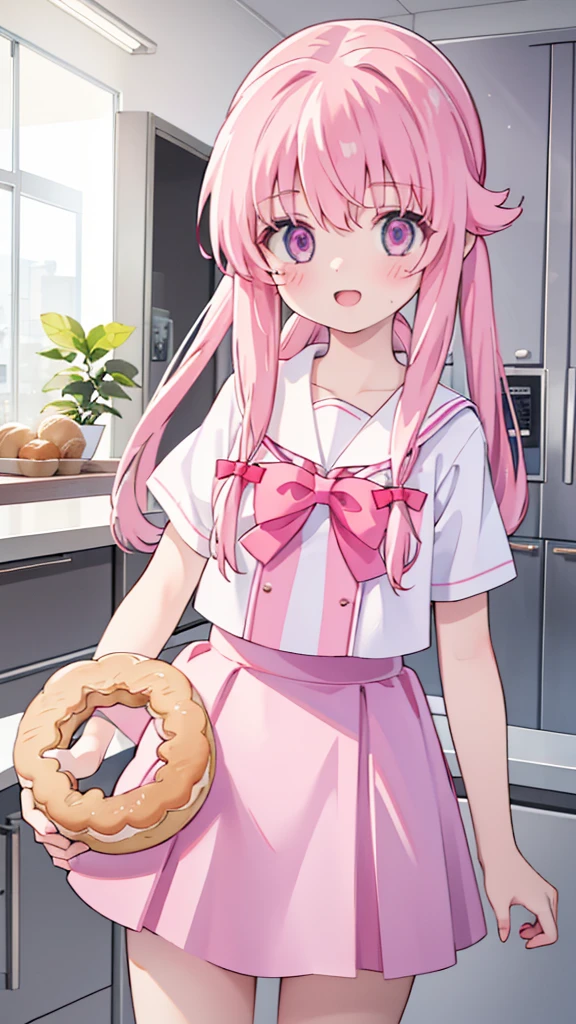 1girl,pink hair, pink eyes with love, detailed eyes, straight hair, straight bangs, shiny hair,
,red bowtie,purple skirt,purple shirt,pleated skirt,short sleeves,looking at the plate with donut she is holding, holding a plate wih donut, smile, laughter , open mouth, kitchen background, high-definition,masterpiece, masterpiece, best quality, high resolution, aabeta, double, standing, slim waist, cute, sailor uniform (PastelColors: 1.3)