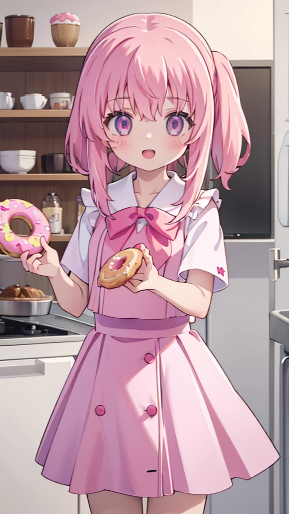 1girl,pink hair, pink eyes with love, detailed eyes, straight hair, straight bangs, shiny hair,
,red bowtie,purple skirt,purple shirt,pleated skirt,short sleeves,looking at the plate with donut she is holding, holding a plate wih donut, smile, laughter , open mouth, kitchen background, high-definition,masterpiece, masterpiece, best quality, high resolution, aabeta, double, standing, slim waist, cute, sailor uniform (PastelColors: 1.3)