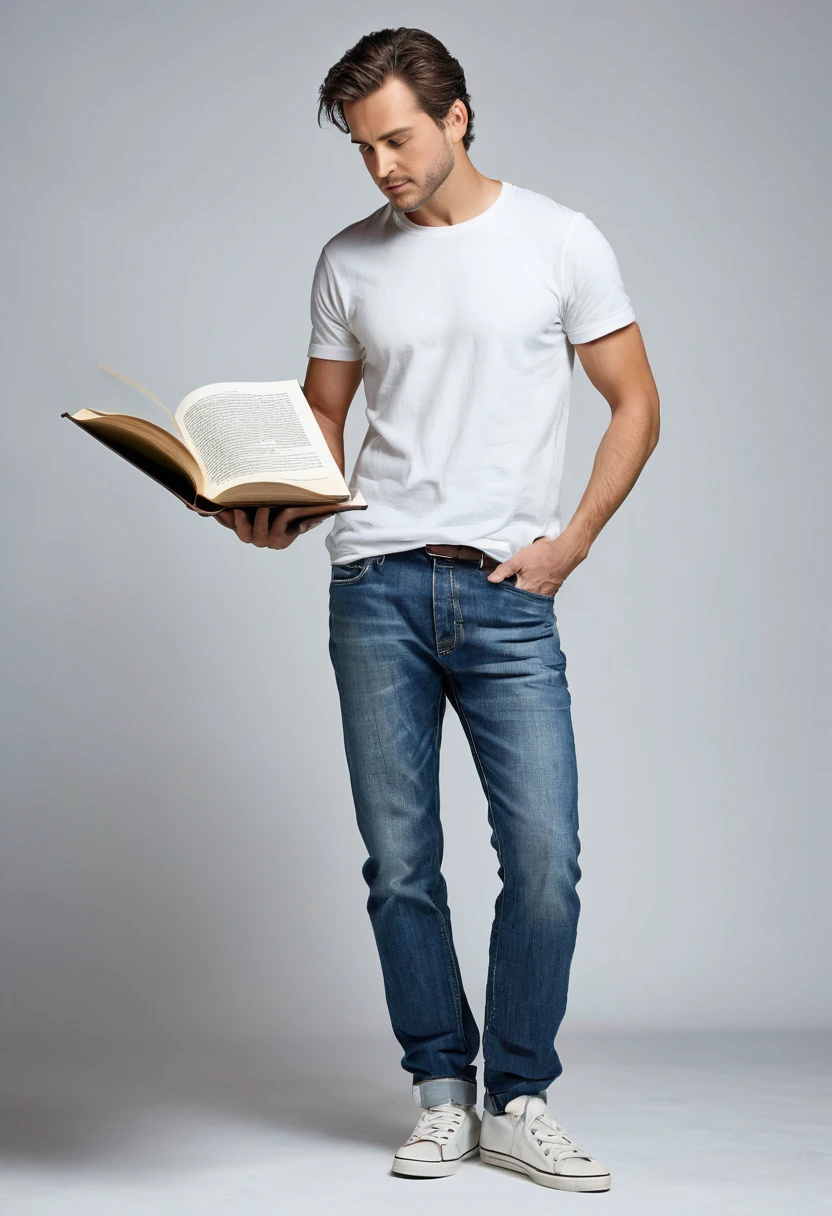 Create an image where a book with open pages forms the figure of a man. The pages of the book shape themselves to create the contours and details of the man, who is dressed in casual clothes. The man should be in a natural pose, as if he were walking or standing still, looking in a specific direction. Casual clothing includes a short-sleeved t-shirt, jeans, and sneakers. The background of the image should be simple and non-distracting, to focus attention on the figure of the bookman.