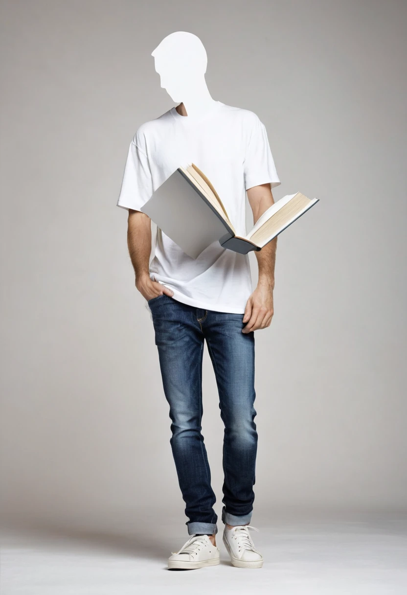 Create an image where a book with open pages forms the figure of a man. The pages of the book shape themselves to create the contours and details of the man, who is dressed in casual clothes. The man should be in a natural pose, as if he were walking or standing still, looking in a specific direction. Casual clothing includes a short-sleeved t-shirt, jeans, and sneakers. The background of the image should be simple and non-distracting, to focus attention on the figure of the bookman.