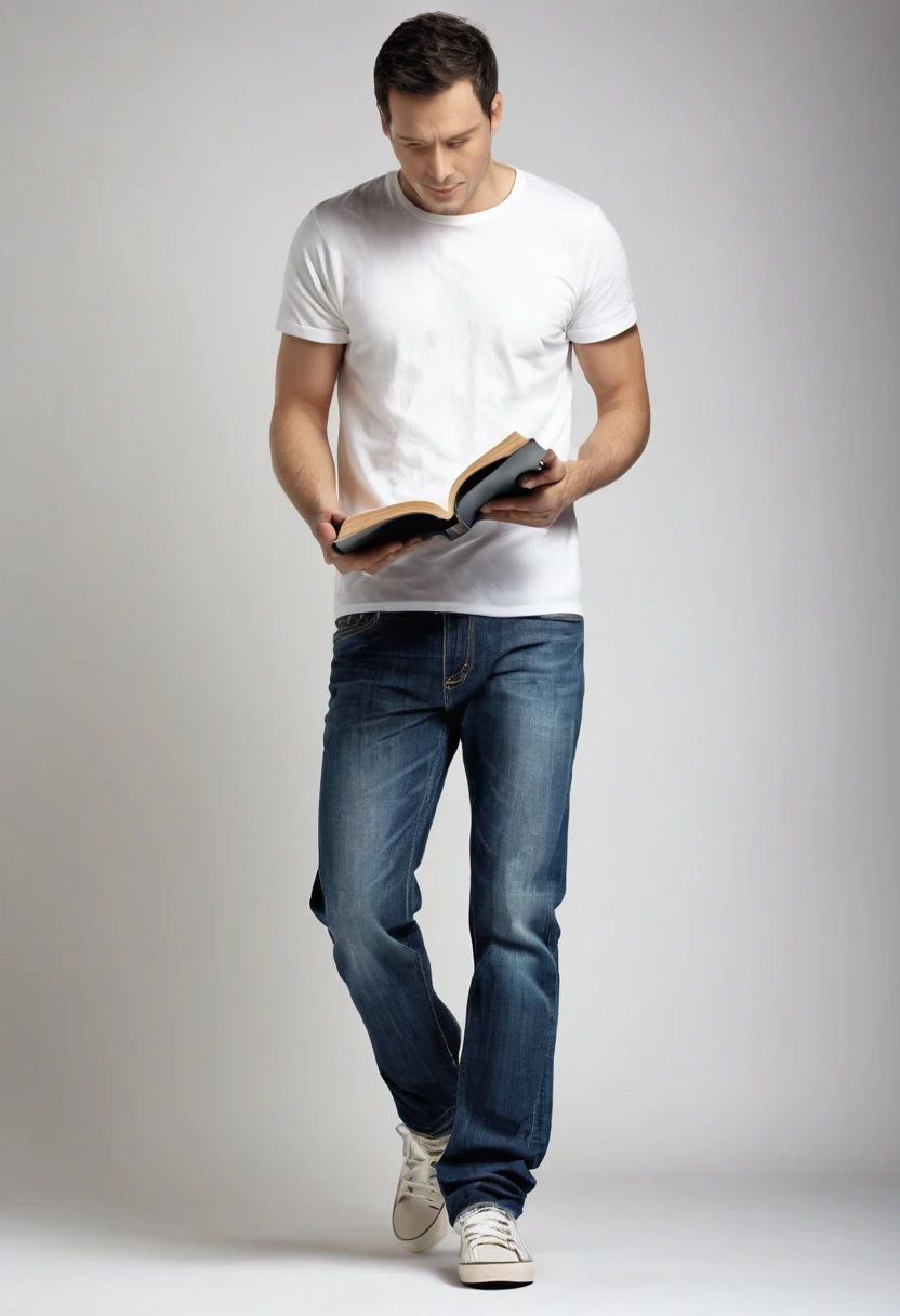 Create an image where a book with open pages forms the figure of a man. The pages of the book shape themselves to create the contours and details of the man, who is dressed in casual clothes. The man should be in a natural pose, as if he were walking or standing still, looking in a specific direction. Casual clothing includes a short-sleeved t-shirt, jeans, and sneakers. The background of the image should be simple and non-distracting, to focus attention on the figure of the bookman.