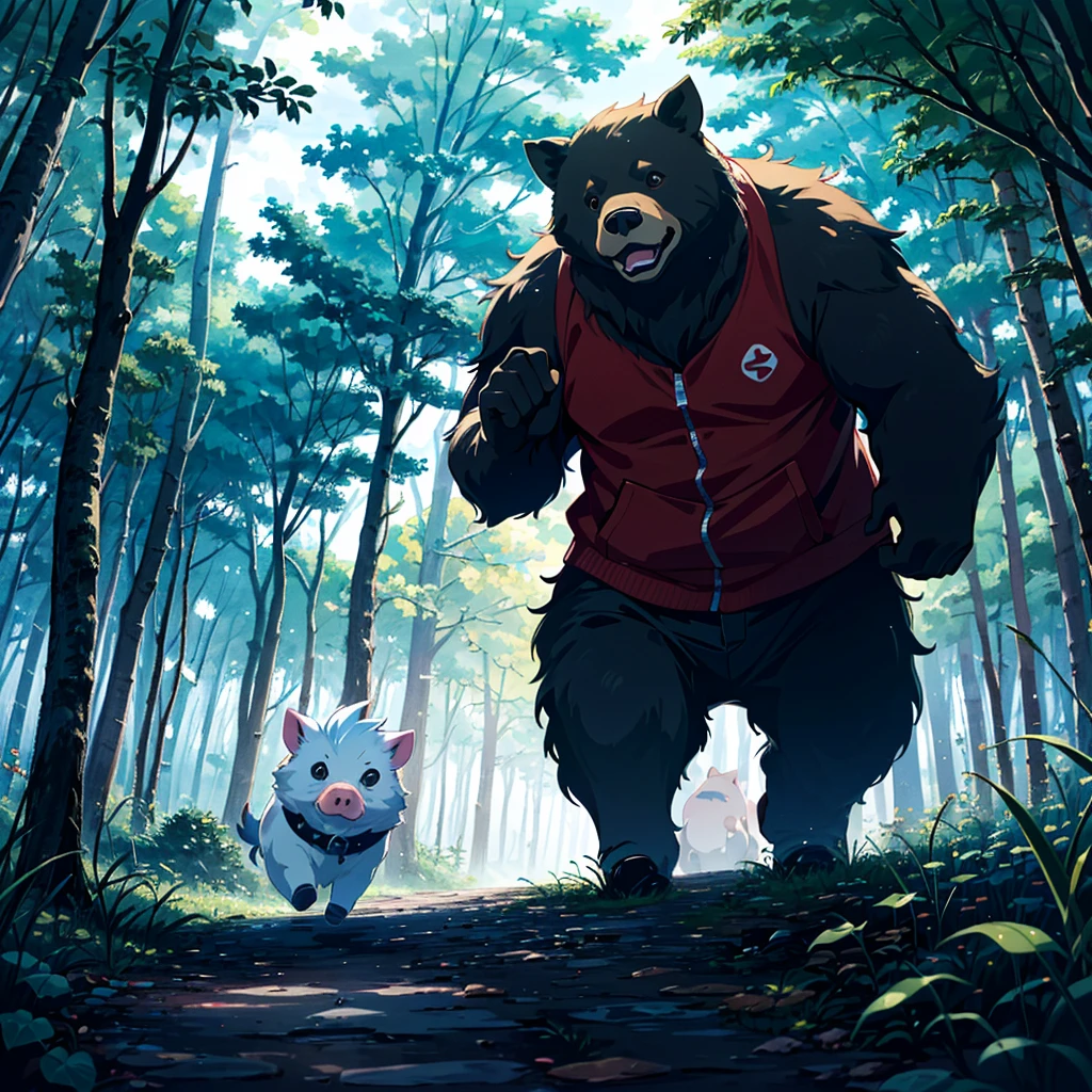 Masterpiece, highest quality, high-resolution background, bright and beautiful atmosphere, 3 girls (2 years old, 1 short-tempered round face), 1  (hair, surface effects), small breasts, in the dark forest, dressed as a hunter , a girl holding a hunting gun, a big bear standing in her way, mini pigs running around, a mini pig falling, "deltamon_sdXL :0.73) >Deltamon"