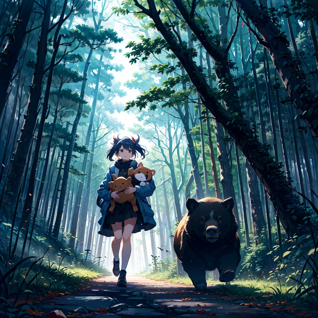 Masterpiece, highest quality, high-resolution background, bright and beautiful atmosphere, 3 girls (2 years old, 1 short-tempered round face), 1 (hair, surface effects), small breasts, in the dark forest, dressed as a hunter , a girl holding a hunting gun, a big bear standing in her way, mini pigs running around, a mini pig falling, "deltamon_sdXL :0.73) >Deltamon"