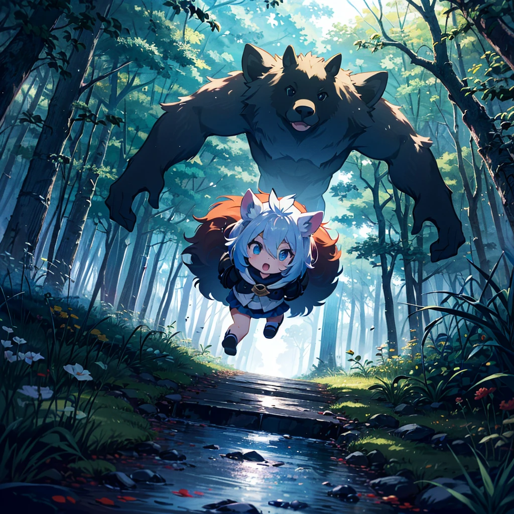 Masterpiece, highest quality, high-resolution background, bright and beautiful atmosphere, 3 girls (2 , 1 short-tempered round face), 1  (hair, surface effects), small breasts, in the dark forest, dressed as a hunter , a girl holding a hunting gun, a big bear standing in her way, mini pigs running around, a mini pig falling, "deltamon_sdXL :0.73) >Deltamon"