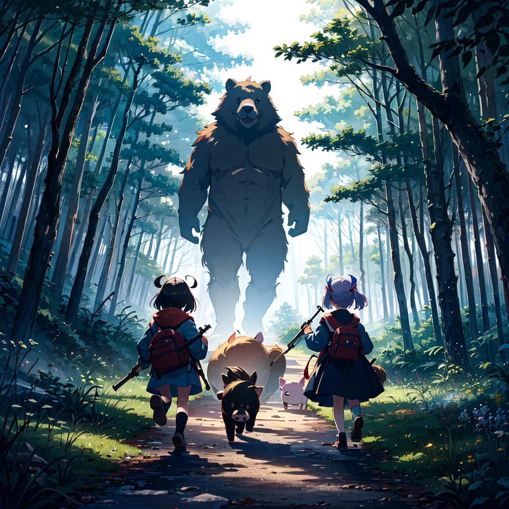 Masterpiece, highest quality, high-resolution background, bright and beautiful atmosphere, 3 girls (, 1 short-tempered round face), 1 (hair, surface effects), small breasts, in the dark forest, dressed as a hunter , a girl holding a hunting gun, a big bear standing in her way, mini pigs running around, a mini pig falling, "deltamon_sdXL :0.73) >Deltamon"