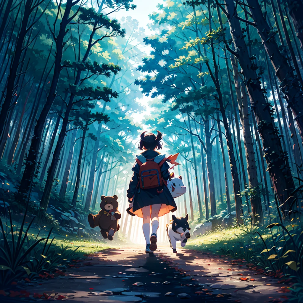 Masterpiece, highest quality, high-resolution background, bright and beautiful atmosphere, 3 girls (2 years old, 1 short-tempered round face), 1  (hair, surface effects), small breasts, in the dark forest, dressed as a hunter , a girl holding a hunting gun, a big bear standing in her way, mini pigs running around, a mini pig falling, "deltamon_sdXL :0.73) >Deltamon"