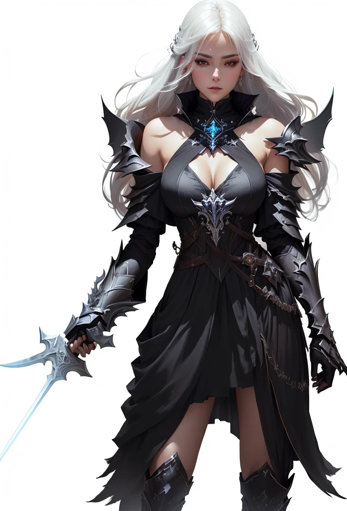 a woman in a black dress holding a sword and a sword, epic exquisite character art, pale black armor, dark sorceress full view, by Yang J, dark fantasy character design, armor girl, holy necromancer girl, wlop rossdraws, beautiful necromancer, stunning character art, fantasy character, rossdraws 1. 0, white dress, sleeveless top,