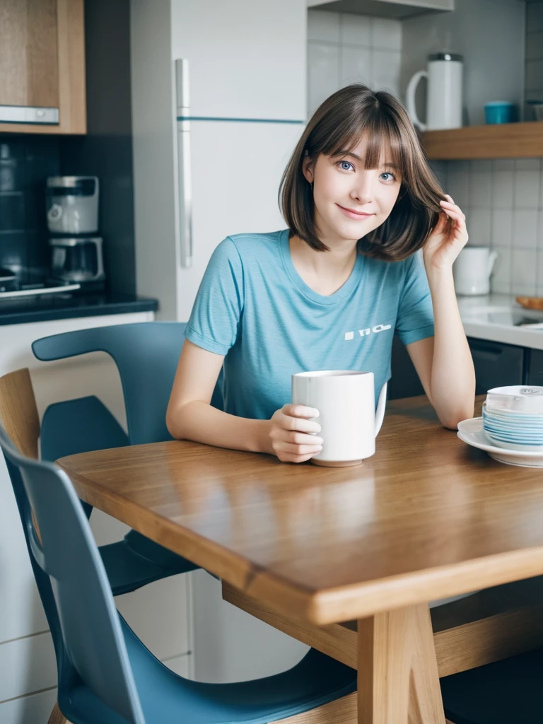 Girl 22 years old , light brown , short hair and blue streak , grey eyes ,black T-shirt , blue shorts . Sitting at the table in the kitchen . There is a mug of coffee nearby , and phone . not smiling