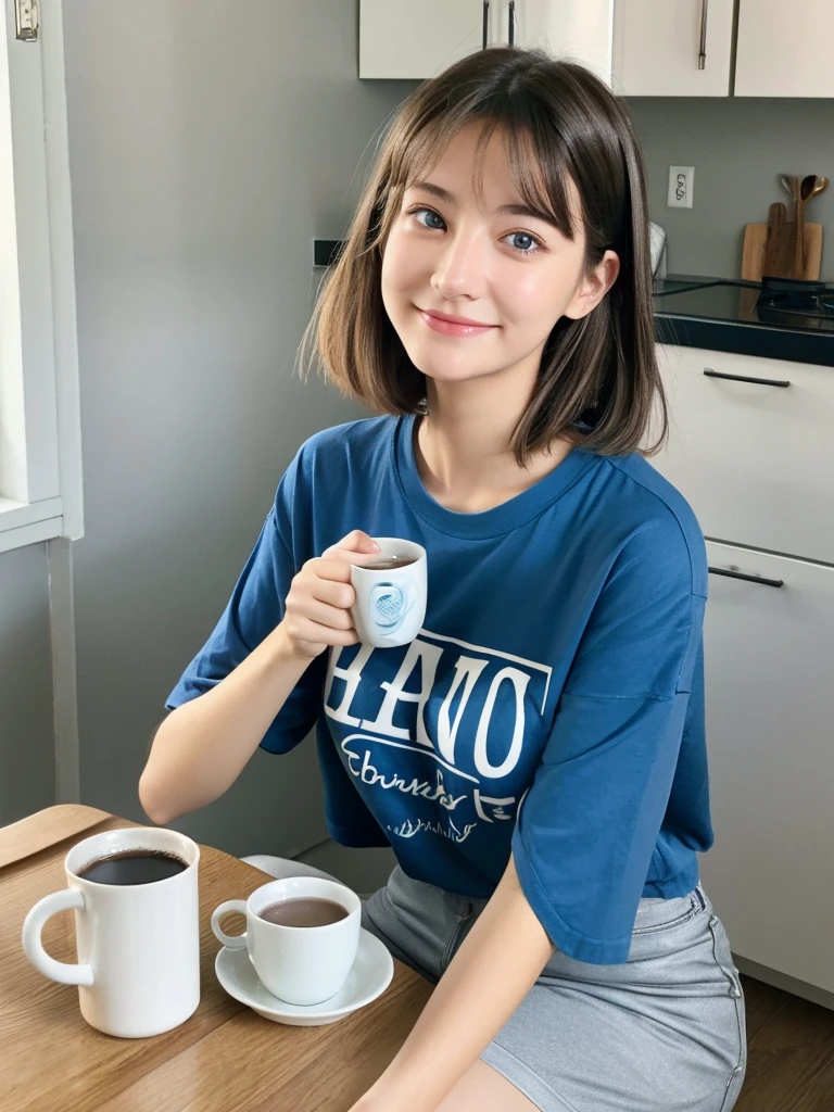 Girl 22 years old , light brown , short hair and blue streak , grey eyes ,black T-shirt , blue shorts . Sitting at the table in the kitchen . There is a mug of coffee nearby , and phone . not smiling