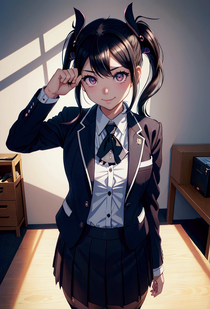 Mioda Ibuki /(Danganronpa/), bank ultra-detailed, masterpiece, illustration, 8k, masterpiece, realistic shadows, gradient, volumetric lighting, cute, ambient lighting, cowboy shot, colorful, beautiful detailed eyes 1girl, solo, (original outfit), smile, {office background}, formal suit