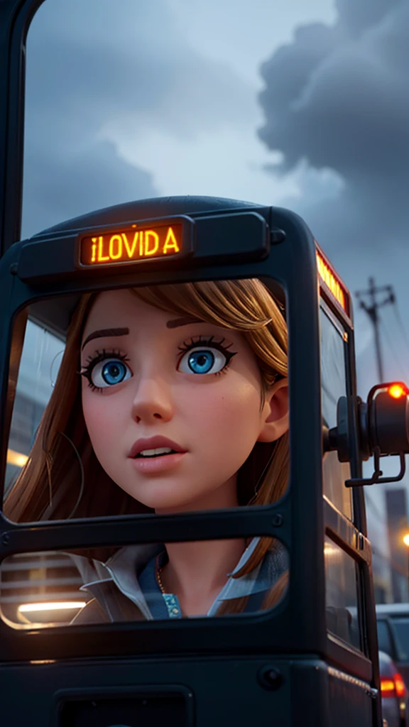 a heavily detailed photo of a person driving a bus through a busy city at night, beautiful detailed eyes, beautiful detailed lips, extremely detailed eyes and face, long eyelashes, realistic, photorealistic, photo-realistic:1.37, best quality,4k,8k,highres,masterpiece:1.2,ultra-detailed, cityscape, neon lights, rain, stormy weather, moody atmosphere, cinematic lighting, dramatic shadows