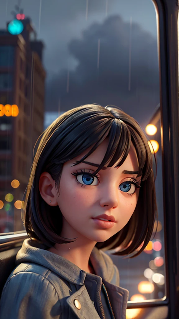 a heavily detailed photo of a person driving a bus through a busy city at night, beautiful detailed eyes, beautiful detailed lips, extremely detailed eyes and face, long eyelashes, realistic, photorealistic, photo-realistic:1.37, best quality,4k,8k,highres,masterpiece:1.2,ultra-detailed, cityscape, neon lights, rain, stormy weather, moody atmosphere, cinematic lighting, dramatic shadows