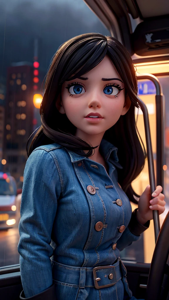 a heavily detailed photo of a person driving a bus through a busy city at night, beautiful detailed eyes, beautiful detailed lips, extremely detailed eyes and face, long eyelashes, realistic, photorealistic, photo-realistic:1.37, best quality,4k,8k,highres,masterpiece:1.2,ultra-detailed, cityscape, neon lights, rain, stormy weather, moody atmosphere, cinematic lighting, dramatic shadows