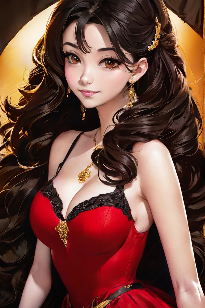 (extremely detailed CG unit 8k wallpaper, masterpiece, best quality, ultra-detailed), (best lighting, best shadow), 25 year old Spanish woman, mature, square face, wearing 1 red rose on necklace neck, wearing black lace dress with red, golden earrings, features like a maria padilla, (highly detailed skin: 1.2), medium brown loose hair with lights