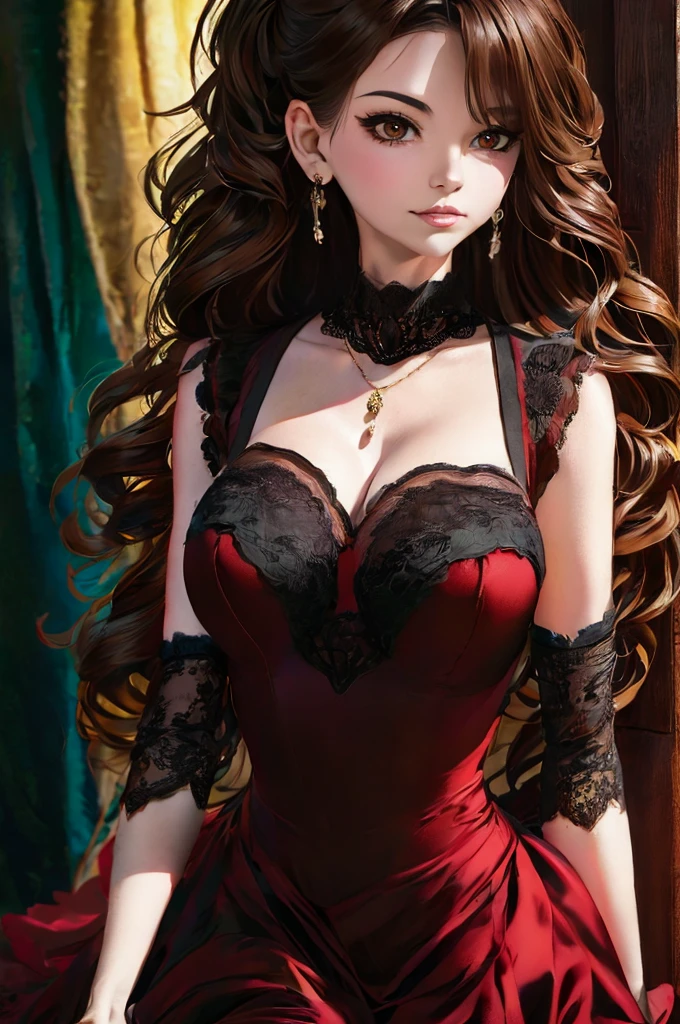 (extremely detailed CG unit 8k wallpaper, masterpiece, best quality, ultra-detailed), (best lighting, best shadow), 25 year old Spanish woman, mature, square face, wearing 1 red rose on necklace neck, wearing black lace dress with red, golden earrings, features like a maria padilla, (highly detailed skin: 1.2), medium brown loose hair with lights