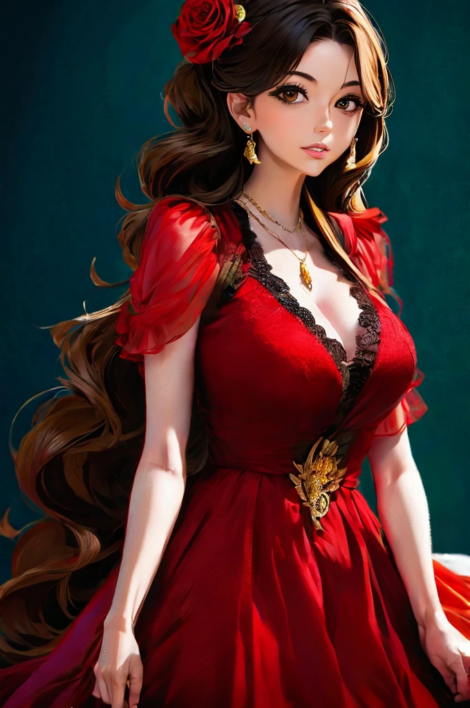 (extremely detailed CG unit 8k wallpaper, masterpiece, best quality, ultra-detailed), (best lighting, best shadow), 25 year old Spanish woman, mature, square face, wearing 1 red rose on necklace neck, wearing black lace dress with red, golden earrings, features like a maria padilla, (highly detailed skin: 1.2), medium brown loose hair with lights