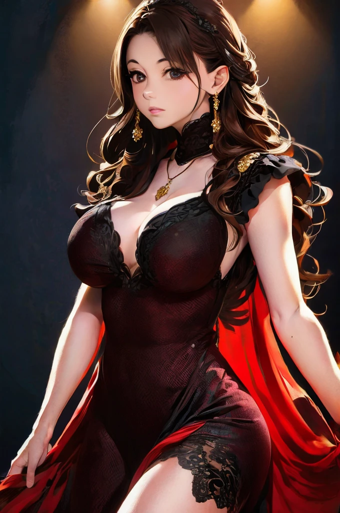 (extremely detailed CG unit 8k wallpaper, masterpiece, best quality, ultra-detailed), (best lighting, best shadow), 25 year old Spanish woman, mature, square face, wearing 1 red rose on necklace neck, wearing black lace dress with red, golden earrings, features like a maria padilla, (highly detailed skin: 1.2), medium brown loose hair with lights