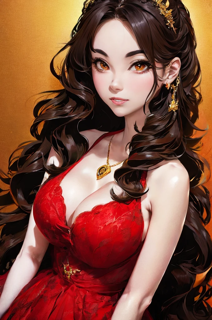 (extremely detailed CG unit 8k wallpaper, masterpiece, best quality, ultra-detailed), (best lighting, best shadow), 25 year old Spanish woman, mature, square face, wearing 1 red rose on necklace neck, wearing black lace dress with red, golden earrings, features like a maria padilla, (highly detailed skin: 1.2), medium brown loose hair with lights