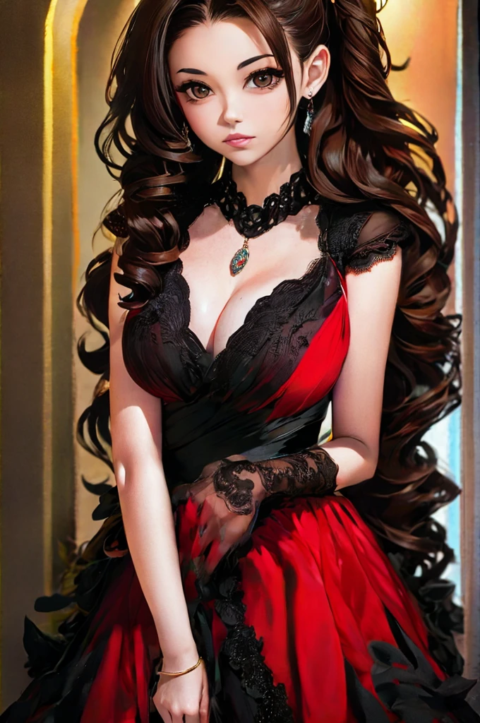 (extremely detailed CG unit 8k wallpaper, masterpiece, best quality, ultra-detailed), (best lighting, best shadow), 25 year old Spanish woman, mature, square face, wearing 1 red rose on necklace neck, wearing black lace dress with red, golden earrings, features like a maria padilla, (highly detailed skin: 1.2), medium brown loose hair with lights