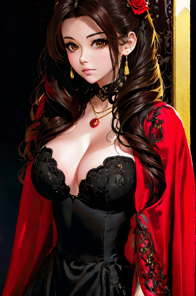 (extremely detailed CG unit 8k wallpaper, masterpiece, best quality, ultra-detailed), (best lighting, best shadow), 25 year old Spanish woman, mature, square face, wearing 1 red rose on necklace neck, wearing black lace dress with red, golden earrings, features like a maria padilla, (highly detailed skin: 1.2), medium brown loose hair with lights