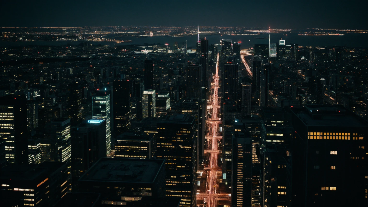 landscape, no one, city, skyscrapers, roof of a tall building, front view, a cat stands on the parapet looking down, night, neon lights, illustration, cinematic lighting, close-up, from above, blurry, first-person view, UHD, best quality, 4K