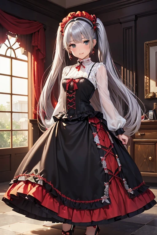 #基本
女の子がphotographのポーズをとっている, ((One Girl)), (((:1.2)) + ((cute:1.3))),
#女の子がphotographのポーズをとっている, ((One Girl)), (((Baby Facete)) + 16 years old),
bring Accessories
(((Black and Red:1.4)Gothic Lolita Dresses) : Elegant + (Quinceanera Dresses) + Gothic Lolita Fashion + (Floor Length + Long skirt dress:1.4) + (Black and Red)jabot + ((Black and Red)corset) + ((Black and Red)Headdress) + ((Black and Red)bonnet)) + (Black High Heels),
red gem earrings, Fancy Necklace,
break
#Features
((Silver Hair:1.4)), (Straight bangs + trimmed bangs), (Twin tails : Long Hair + Straight hair + Black and Redのレースリボン),
(Droopy eyes, blue eyes), (Very small breasts),
break
#background environment
(noon, (The garden of a large Western-style mansion + Garden of roses + sunlight shines)),
#Facial Expression Pose
((Smiling loudly, blush), (A confident and graceful pose, Dynamic Pose)),
#composition
(To the camera, Focus from below, (Cowboy Shot)),
break
#Body parts elements
(Slim figure),
(Detailed Hair, Beautiful Hair, Shiny Hair),
(double eyelid, Long eyelashes),
(Expression of fine eyes, Beautiful and delicate eyes, Sparkling eyes, Eye Reflexes, Glitter Eyeliner, Big eyes:1.2),
(Human Ear),
(Beautiful Nose, Thin Nose),
(Glossy Lips, Beautiful Lips, Thick lips, Glossy Lips, Natural Cheeks),
(Detailed face, Symmetrical facial features),
(Detailed skin, Textured skin, Beautiful Skin, Glowing Skin),
break
#Quality Image Quality Common
(((Highest quality)), ((masterpiece)), ((Very detailed))), ((High resolution)), ((16K,1080P)),
(Anatomically correct), (Realistic), (3DCG),
#Quality image illustration
((comics, anime)), CG illustration,
#Quality image quality realistic
#(photo-Realistic:1.37), (Photorealistic), ((RAWphotograph)), (photograph),
