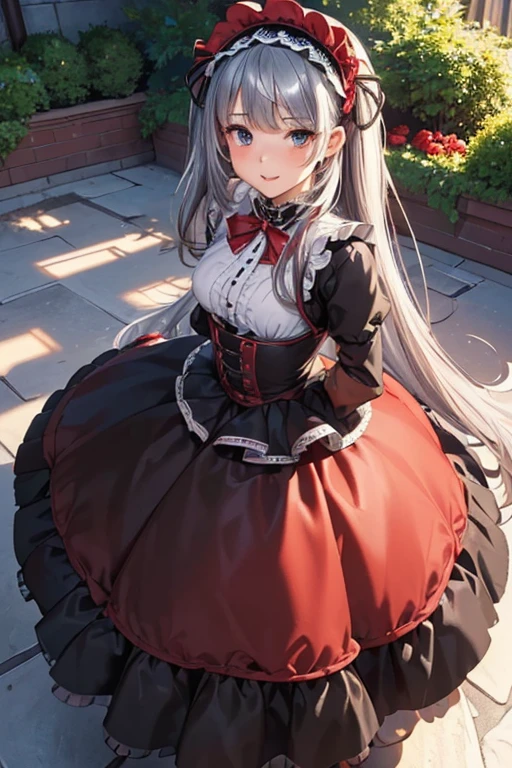 #基本
女の子がphotographのポーズをとっている, ((One Girl)), (((Baby Face:1.2)) + ((cute:1.3))),
#女の子がphotographのポーズをとっている, ((One Girl)), (((Baby Face)) + ((cute)) + 16 years old),
break
#Clothing Accessories
(((Black and Red:1.4)Gothic Lolita Dresses) : Elegant + (Quinceanera Dresses) + Gothic Lolita Fashion + (Floor Length + Long skirt dress:1.4) + (Black and Red)jabot + ((Black and Red)corset) + ((Black and Red)Headdress) + ((Black and Red)bonnet)) + (Black High Heels),
red gem earrings, Fancy Necklace,
break
#Features
((Silver Hair:1.4)), (Straight bangs + trimmed bangs), (Twin tails : Long Hair + Straight hair + Black and Redのレースリボン),
(Droopy eyes, blue eyes), (Very small breasts),
break
#background environment
(noon, (The garden of a large Western-style mansion + Garden of roses + sunlight shines)),
#Facial Expression Pose
((Smiling loudly, blush), (A confident and graceful pose, Dynamic Pose)),
#composition
(To the camera, Focus from below, (Cowboy Shot)),
break
#Body parts elements
(Slim figure),
(Detailed Hair, Beautiful Hair, Shiny Hair),
(double eyelid, Long eyelashes),
(Expression of fine eyes, Beautiful and delicate eyes, Sparkling eyes, Eye Reflexes, Glitter Eyeliner, Big eyes:1.2),
(Human Ear),
(Beautiful Nose, Thin Nose),
(Glossy Lips, Beautiful Lips, Thick lips, Glossy Lips, Natural Cheeks),
(Detailed face, Symmetrical facial features),
(Detailed skin, Textured skin, Beautiful Skin, Glowing Skin),
break
#Quality Image Quality Common
(((Highest quality)), ((masterpiece)), ((Very detailed))), ((High resolution)), ((16K,1080P)),
(Anatomically correct), (Realistic), (3DCG),
#Quality image illustration
((comics, anime)), CG illustration,
#Quality image quality realistic
#(photo-Realistic:1.37), (Photorealistic), ((RAWphotograph)), (photograph),