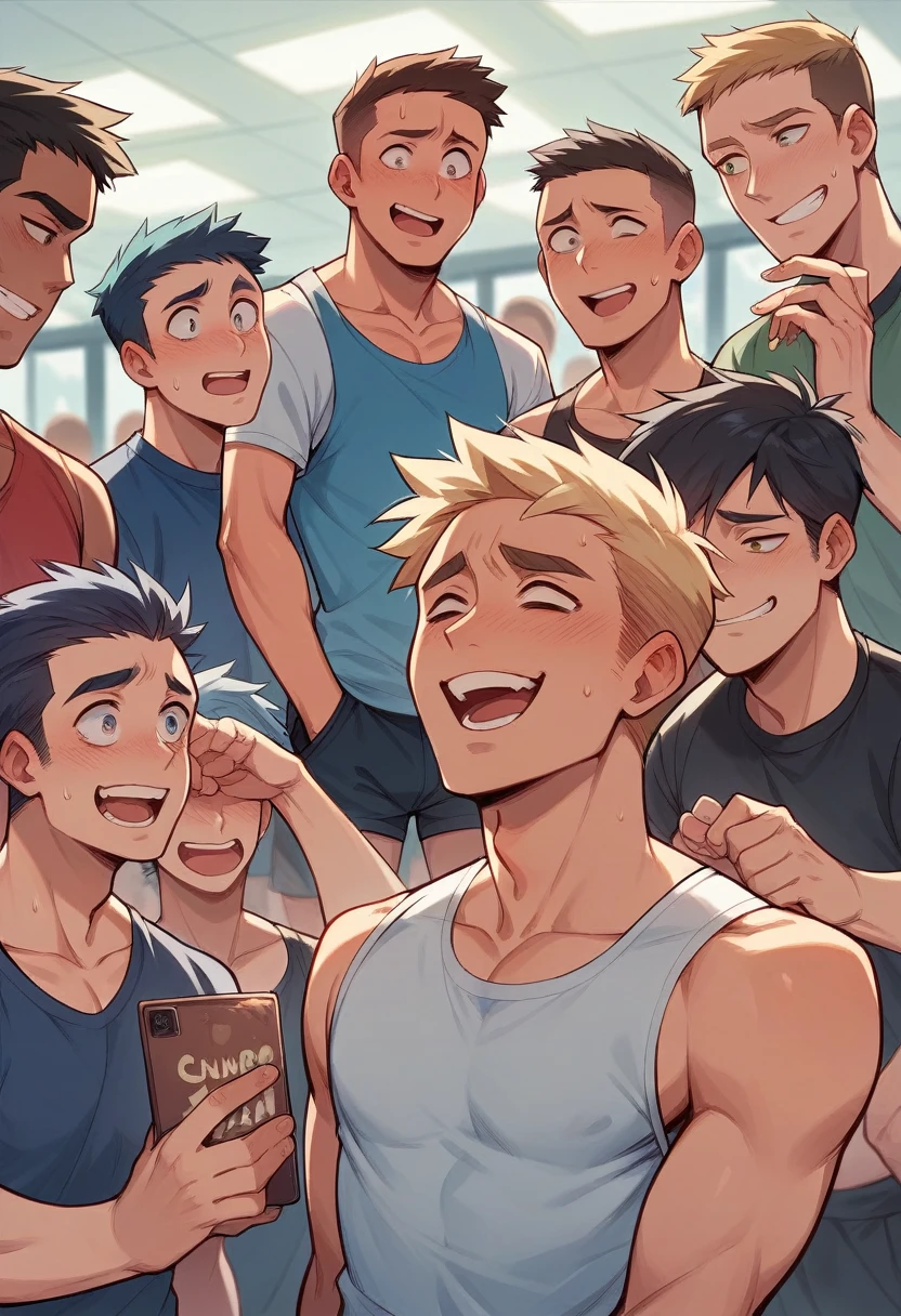 there are 5 people , nad one boy is so skinny , and they laughing on him , so he is sad , then he start the gym , and dtart the hard work , after 2 year he make the body , and his freind is shock