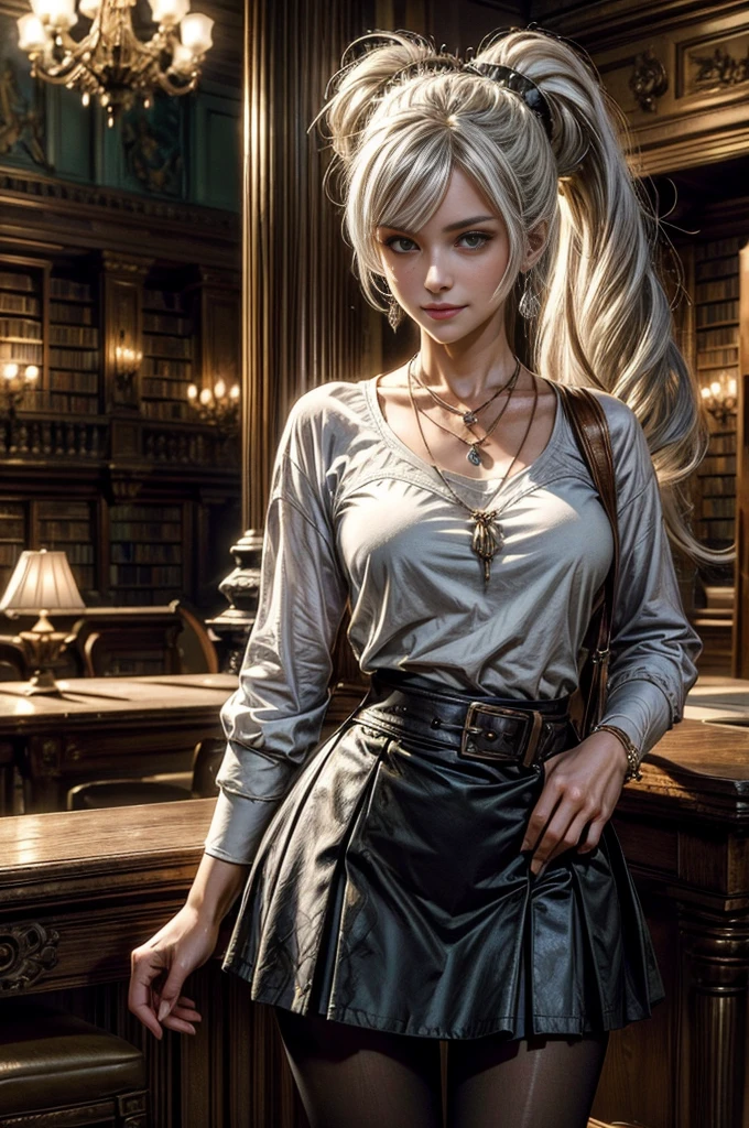 (masterpiece, best quality:1.2), cowboy shot, weissvale, smile, closed mouth,  looking at viewer, long white hair, side ponytail, scar above eye, scar below eye, t-shirt, skirt, pantyhose,  jewelry, necklace, earrings, standing in ornate library, crowd