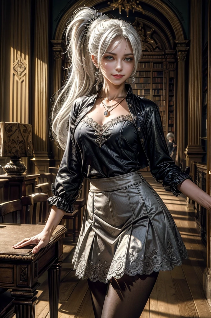 (masterpiece, best quality:1.2), cowboy shot, weissvale, smile, closed mouth, looking at viewer, long white hair, side ponytail, scar above eye, scar below eye, t-shirt, skirt, pantyhose, jewelry, necklace, earrings, standing in ornate library, crowd