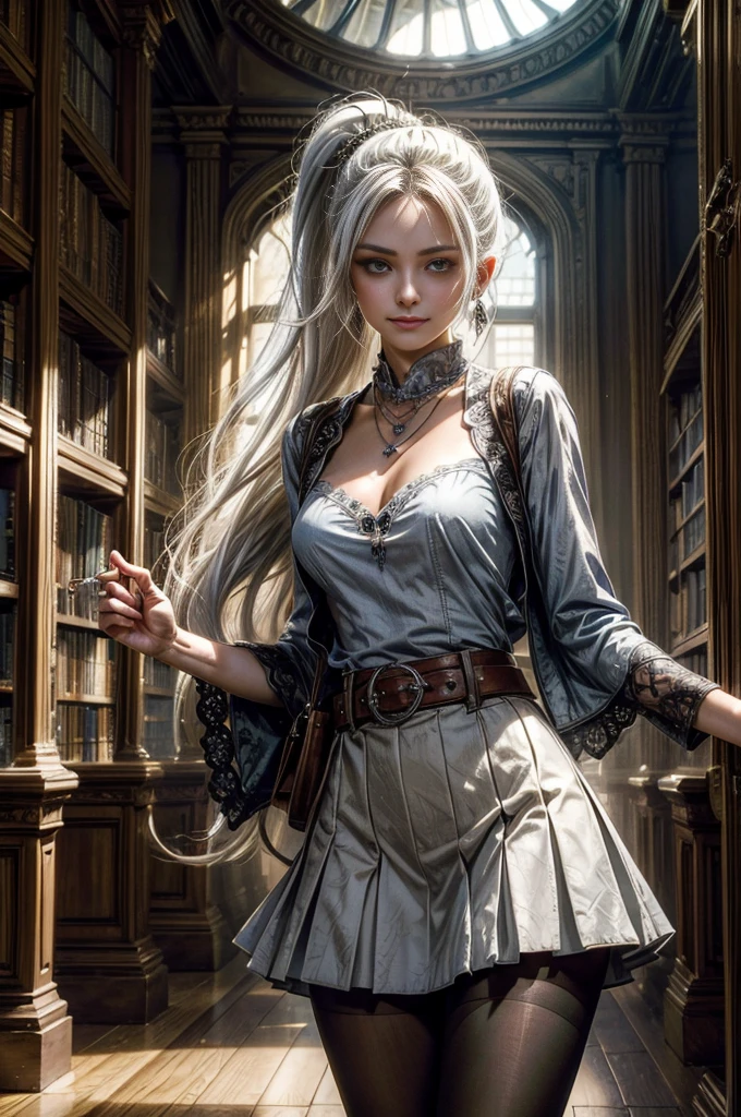 (masterpiece, best quality:1.2), cowboy shot, weissvale, smile, closed mouth, looking at viewer, long white hair, side ponytail, scar above eye, scar below eye, t-shirt, skirt, pantyhose, jewelry, necklace, earrings, standing in ornate library, crowd