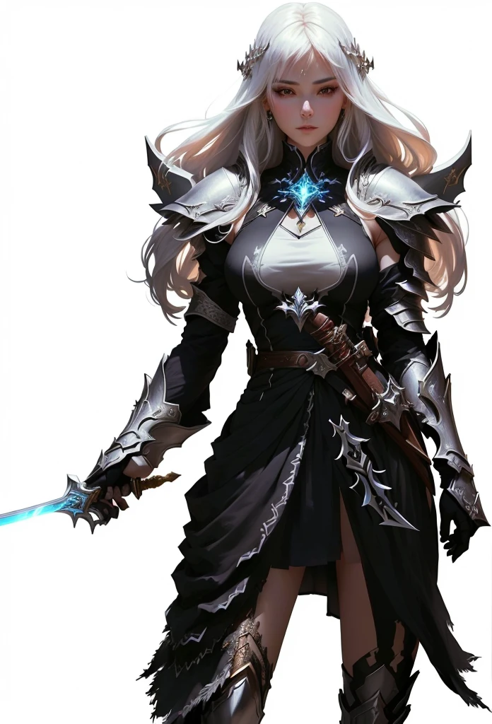 a woman in a wjite dress holding a sword and a sword, epic exquisite character art, pale white armor, light sorceress full view, by Yang J, dark fantasy character design, armor girl, holy necromancer girl, wlop rossdraws, beautiful necromancer, stunning character art, fantasy character, rossdraws 1. 0, white dress, white sleeveless top,