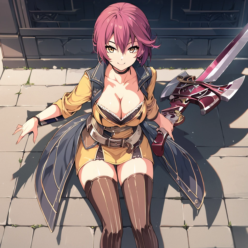 (masterpiece),(best quality),(ultra-detailed),(best illustration),(best shadow),(absurdres),(detailed background),(very aesthetic),sara valestein, sen12, 1girl, weapon, solo, sword, breasts, cleavage, smile, yellow eyes, thighhighs, choker, belt, holding, 