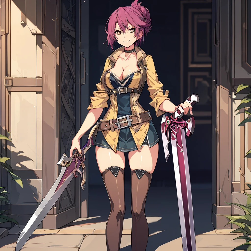 (masterpiece),(best quality),(ultra-detailed),(best illustration),(best shadow),(absurdres),(detailed background),(very aesthetic),sara valestein, sen12, 1girl, weapon, solo, sword, breasts, cleavage, smile, yellow eyes, thighhighs, choker, belt, holding, 