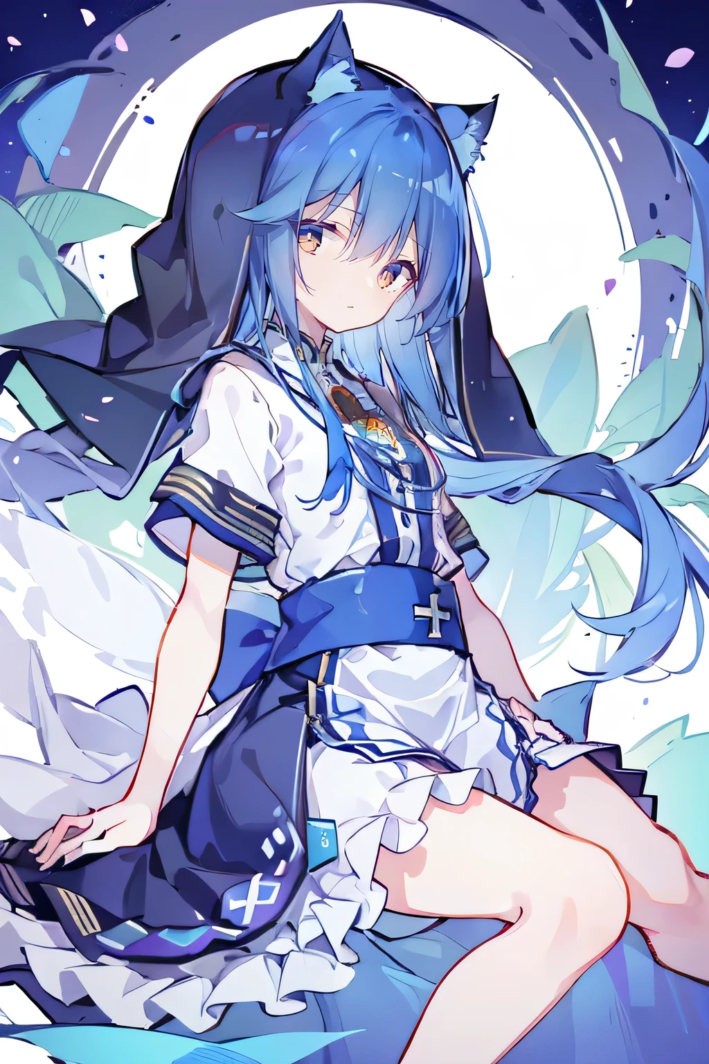 (masterpiece:1.2),Extremely detailed,Practical,expressive eyes,Fair skin,Perfect face shaping,1 Girl,
Japanese cartoons,Gorgeous blue hair, the long flowing blue hair,Floating clothes,Cat ears,Petals fall,beautiful lola,Young Angel,
Place your hands on your waist,sit elegantly on the ground,Cross your legs,Gentle and peaceful background,stately church,nun.