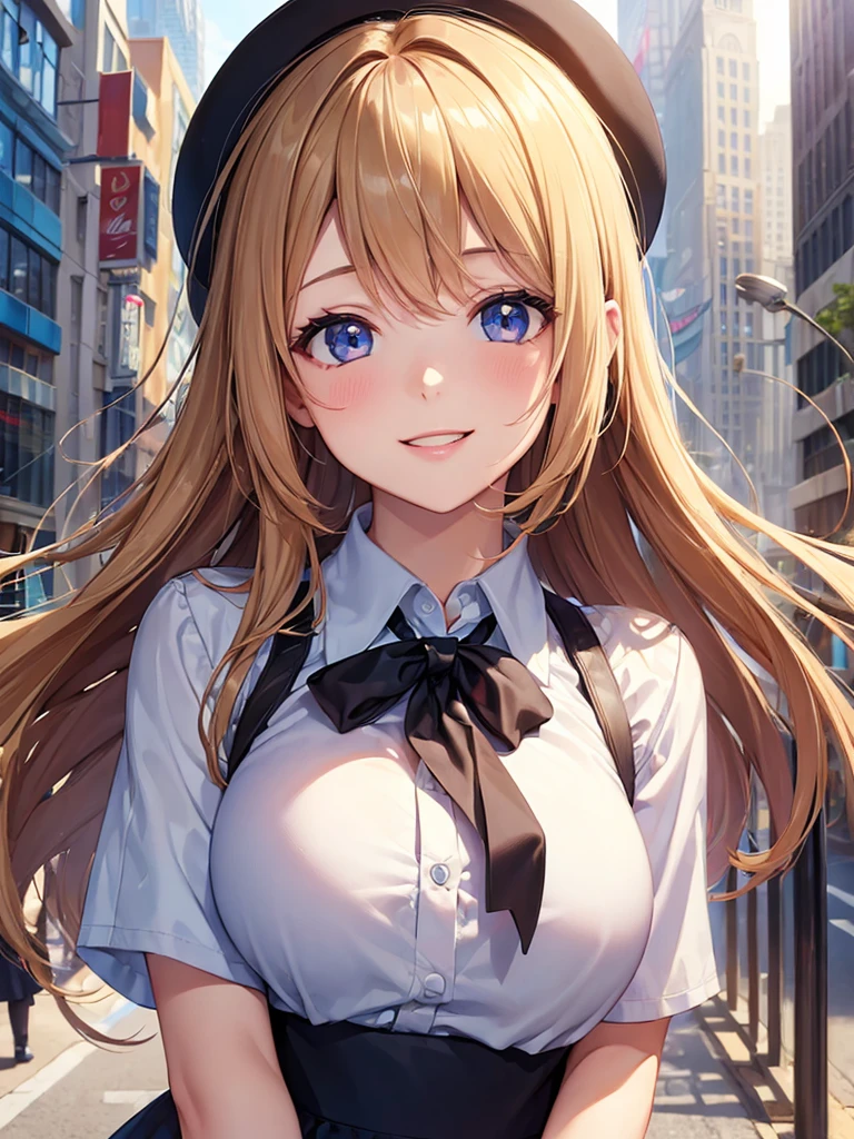 (masterpiece:1.5),(Beat quality),(high res),1girl solo,beautiful face,smile(shining eyes),upper body,light effects,Office Lady,In the city during the day