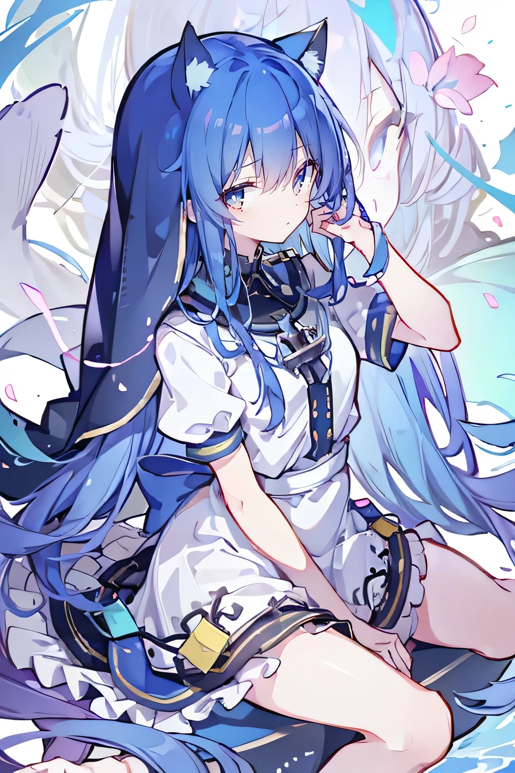 (masterpiece:1.2),Extremely detailed,Practical,expressive eyes,Fair skin,Perfect face shaping,1 Girl,
Japanese cartoons,Gorgeous blue hair, the long flowing blue hair,Floating clothes,Cat ears,Petals fall,beautiful lola,Young Angel,
Place your hands on your waist,sit elegantly on the ground,Cross your legs,Gentle and peaceful background,stately church,nun.