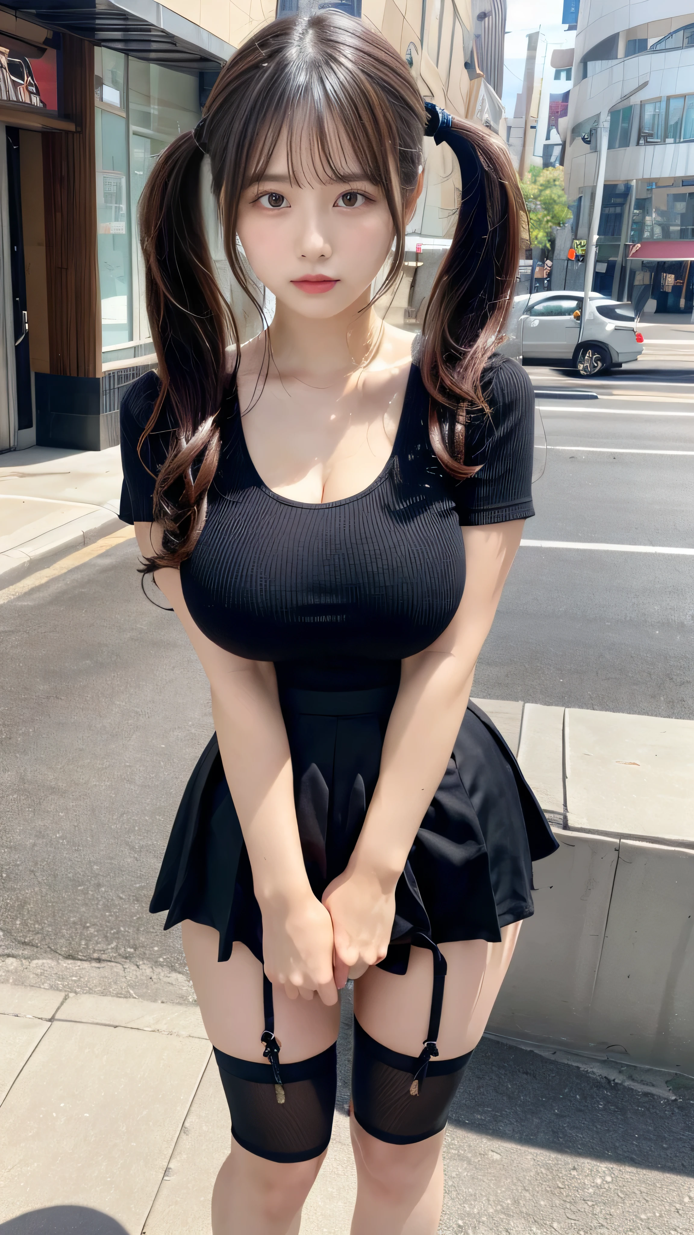 In town、Not looking at the camera、Full body photo、Cute woman、Private Server、Neat clothes、Twin tails、Short sleeve、Plump、Big Breasts、Big Titini skirt、Thick thighs