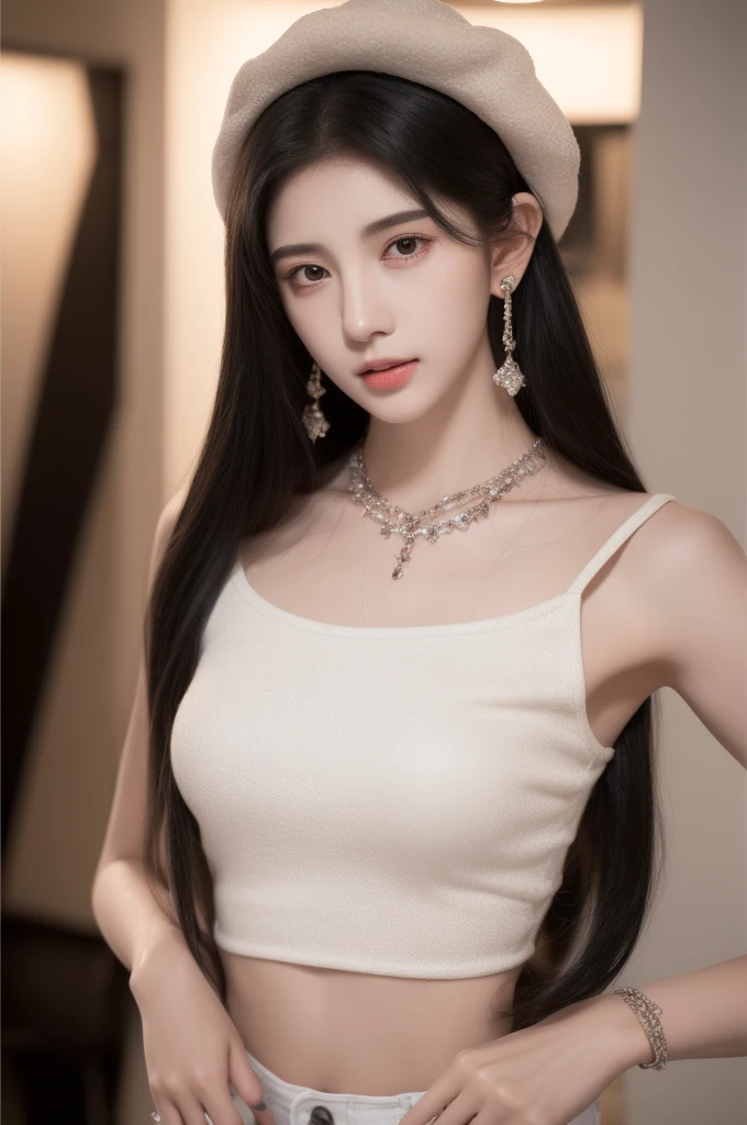((best quality, 8K, masterpiece: 1.3)), (Flower Hat: 1.3), Key Points: 1.2, Perfect body beauty: 1.4, Hips: 1.2, (Layered Hairstyle: 1.2)), (Dark Street: 1.3), Solitary, Highly detailed face and skin textures, whole body, Exquisite eyes, Double eyelids, Skin Whitening, Long hair, (Round Face: 1.5), (Loose cropped top, shorts: 1.6), high resolution, Large Breasts, Delicate and realistic breasts, Beautiful breasts, Realistic smooth and fair skin, Detailed and realistic hands, Detailed and realistic hands指, Perfect human proportions, Perfect female image, Sexy, Sexual Expression, Lure, Tight clothing, Transparent clothes, Extremely detailed, Surreal, Soft lighting, Delicate eyes, Detailed and realistic hair, Slim abdominal muscles, Detailed and realistic weapons, realistic human body posture, Tight and transparent, Detailed and realistic female body parts, Young beautiful girl, Sexy girl, Detailed and realistic necklace, detailed realistic ears, earrings, Detailed and realistic textures