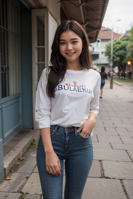 25 years old, girl, shirt, blue skinny jeans, black blonde hair, indonesian girl, smile, with heel