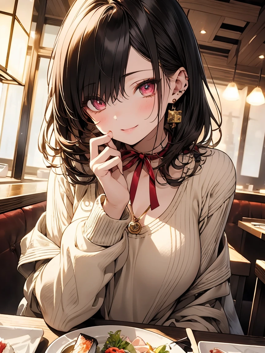 masterpiece, Absurd, Highest quality, Super detailed, High resolution, Detailed illustrations, Very beautifully detailed face and eyes, Bright colors, One girl, (change), Cute Face, Delicate and beautiful face, Magenta Eyes, Cute eyes, Sparkling eyes, Big eyes, Medium chest, (Firm breasts:1.1), (Pointed Chest:1.1), Medium Hips, Glamorous Body, White skin, smile, break, Long Bob Cut, (Blonde:0.8), Messy Hair, Detailed Hair, Shiny Hair, break sweater, Long skirt, Small ribbon, high class sushi restaurant, sushi, dinner, Counter seats, Real World, Natural light, Perfect lighting,