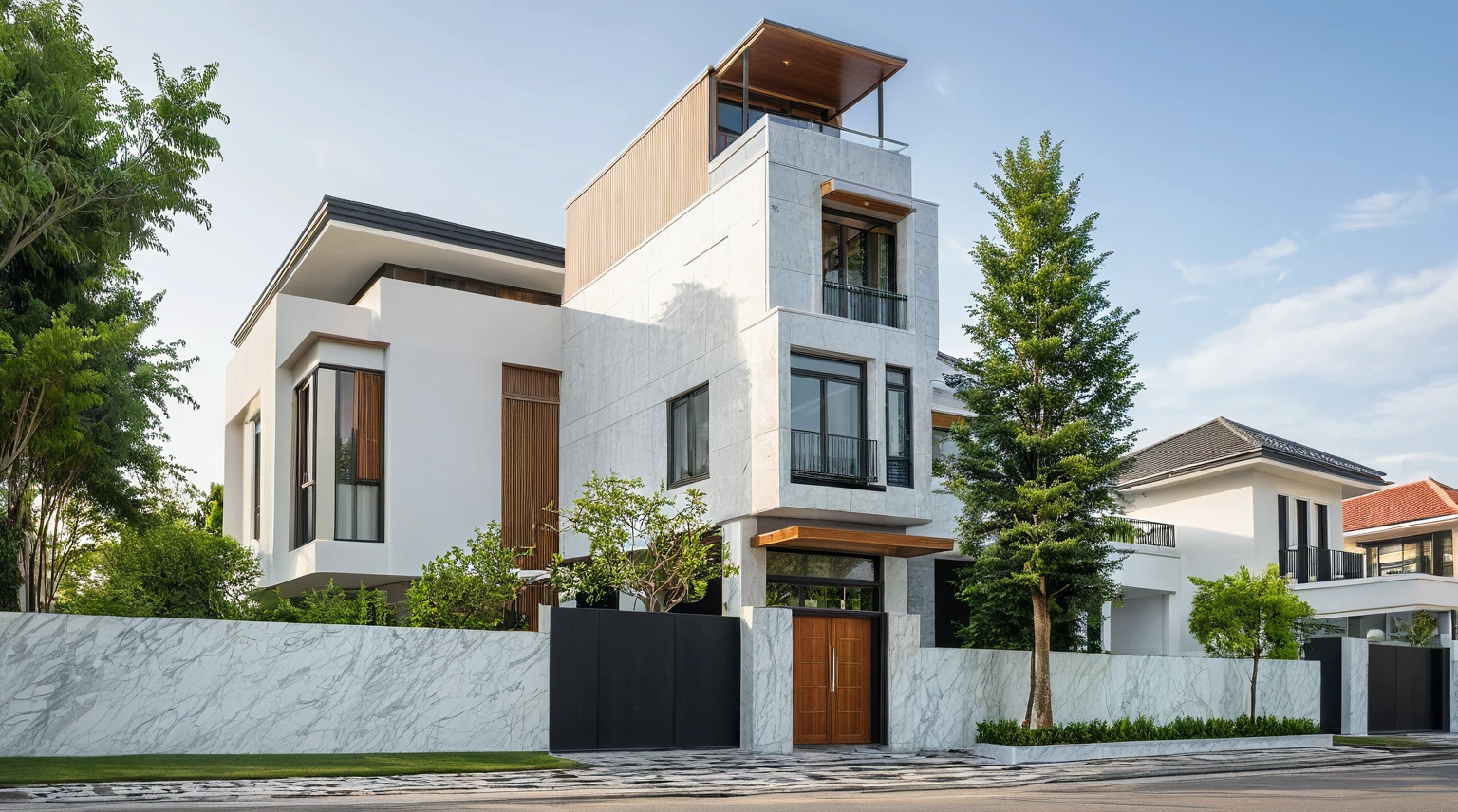 modern villa on street, (daylight), tropical tree, vivid colour, streetcapes, white tone, white wall, large glass door, warm interior lighting, wood and marble, best quality, 17ArchiAI_XL_VL-v1