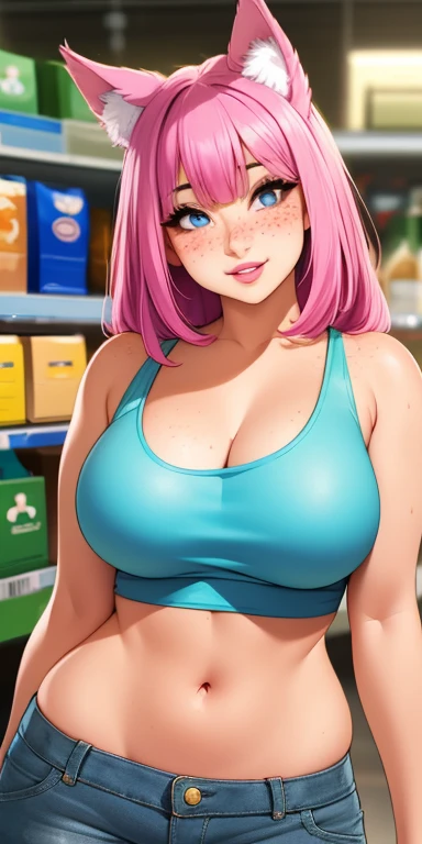 Beautiful round medium breasts, 1girl, ((Neon magenta hair, bangs cover the eyes)) ((wolf girl, cute girl face)) light blue eyes, has an beautiful sensual body with freckles, with Beautiful breasts and thin waist, HIP HOP Beautiful and cute Denim shorts, beautiful black tank top fabric delicate, has a bold appearance. young, quality, realistic, best quality, cute expression, pink lipstick lips, Cute smile,In the supermarket, in a pose