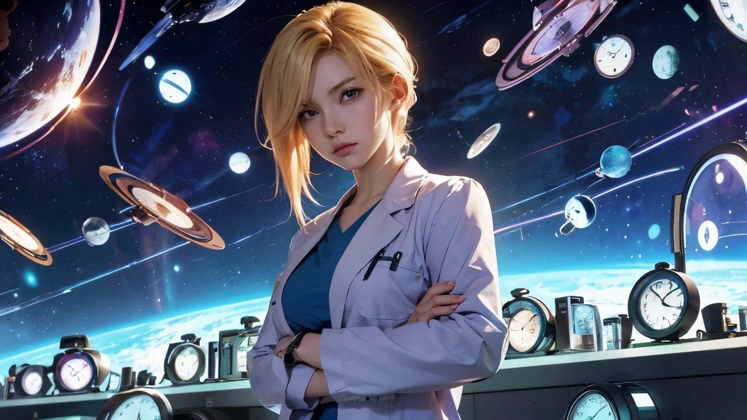 anime character standing in front of a space station with clocks, android 18, elite scientist, portrait anime space cadet girl, working in her science lab, annie leonhart, doctor, (doctor), with a lab coat, official artwork, background artwork, hq artwork, wearing lab coat and a blouse, modern sci-fi anime, profile picture 1024px