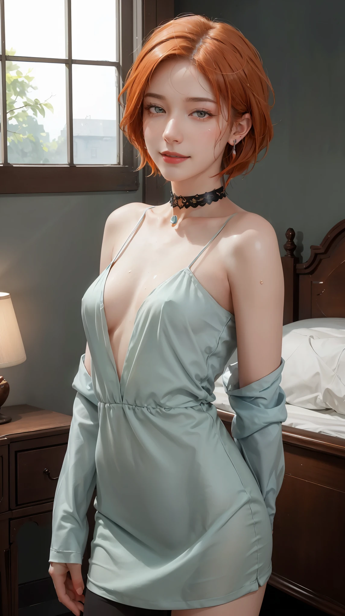 ((((masterpiece, best quality, high resolution)))), Extremely detailed 8K, Beautiful girl with voluptuous body, (Ultra HD, Ultra-detailed, Highly detailed, Highly realistic, Ultra-realistic, photograph realistic), (1girl:1.5), (Realistic orange hair), (short silky hair, hair ornaments, earrings), (dynamic poses), facing at camera, looking at viewer, (blushing red, embarrassed, exhausted, smile), (grey eyes, sharp eyes), (small perky breasts:1.2), (beautiful detailed face, beautiful detailed eyes), ((black choker, naked)), (detail pussy), (standing up), sweat, glow, (sunbeam, sunlight), ((cowboy shot)), bedroom, seductive