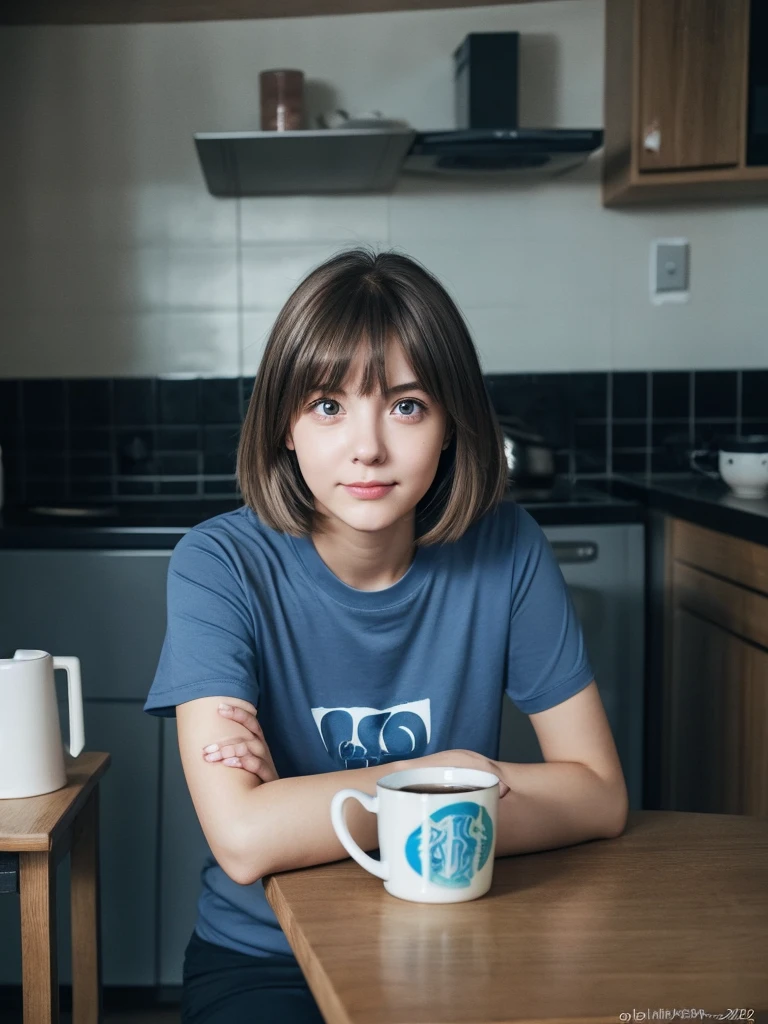 Girl 22 years old , light brown , short hair and blue streak , grey eyes ,black T-shirt , blue shorts . Sitting at the table in a dark kitchen . not smiling . There is a mug of coffee nearby , and phone .