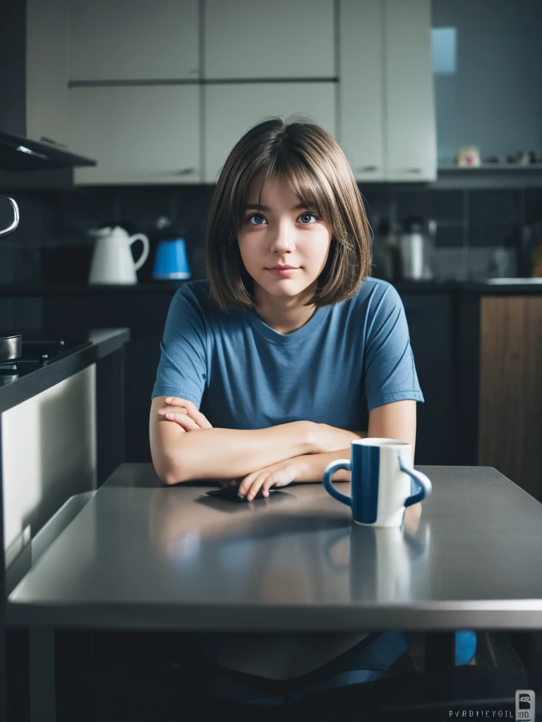 Girl 22 years old , light brown , short hair and blue streak , grey eyes ,black T-shirt , blue shorts . Sitting at the table in a dark kitchen . not smiling . There is a mug of coffee nearby , and phone .