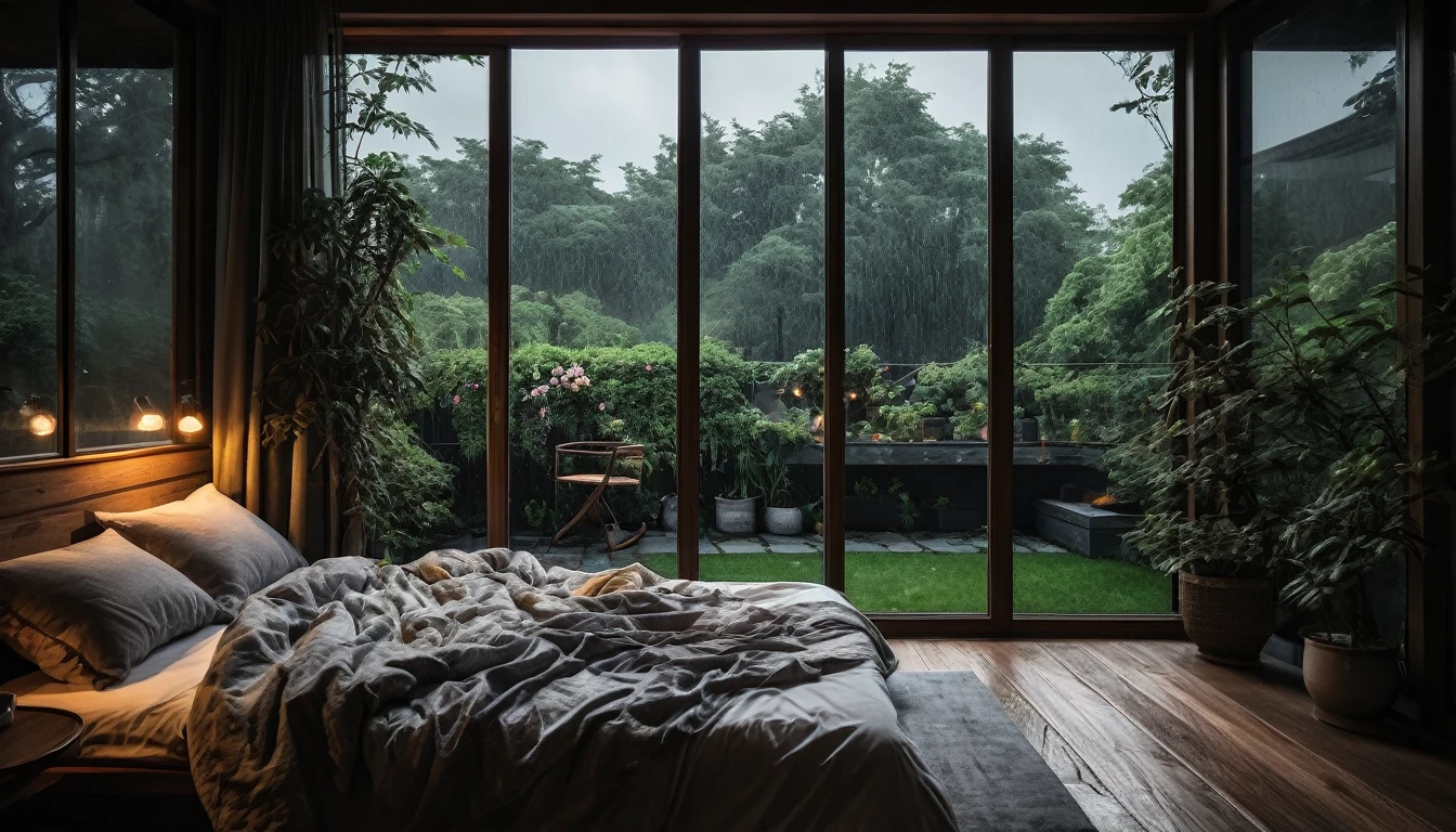 The picture shows a cozy gloomy bedroom, with a large window offering a view of a beautiful, dimly lit garden AND a garden soaked in FLOWERS, the cobblestones of the Japanese house concept. CINEMATIC, JAPANESE HOUSE, the shape of a Japanese house, and lots of flower gardens in the garden. The bed was unmade with rumpled sheets, indicating only a light sleep. the room is dark, gloomy, looks dim, gloomy. Beside the bed there is a small table with a classic lamp that radiates warm light into the room. Outside the window you can see the lush greenery of the terrace or balcony area, the rain is falling, the lamp on the left provides warm lighting, creating a calm and peaceful atmosphere. with fog obscuring part of the view in the distance. The contrast between the warmth indoors and the rain outdoors creates an inviting and calming atmosphere